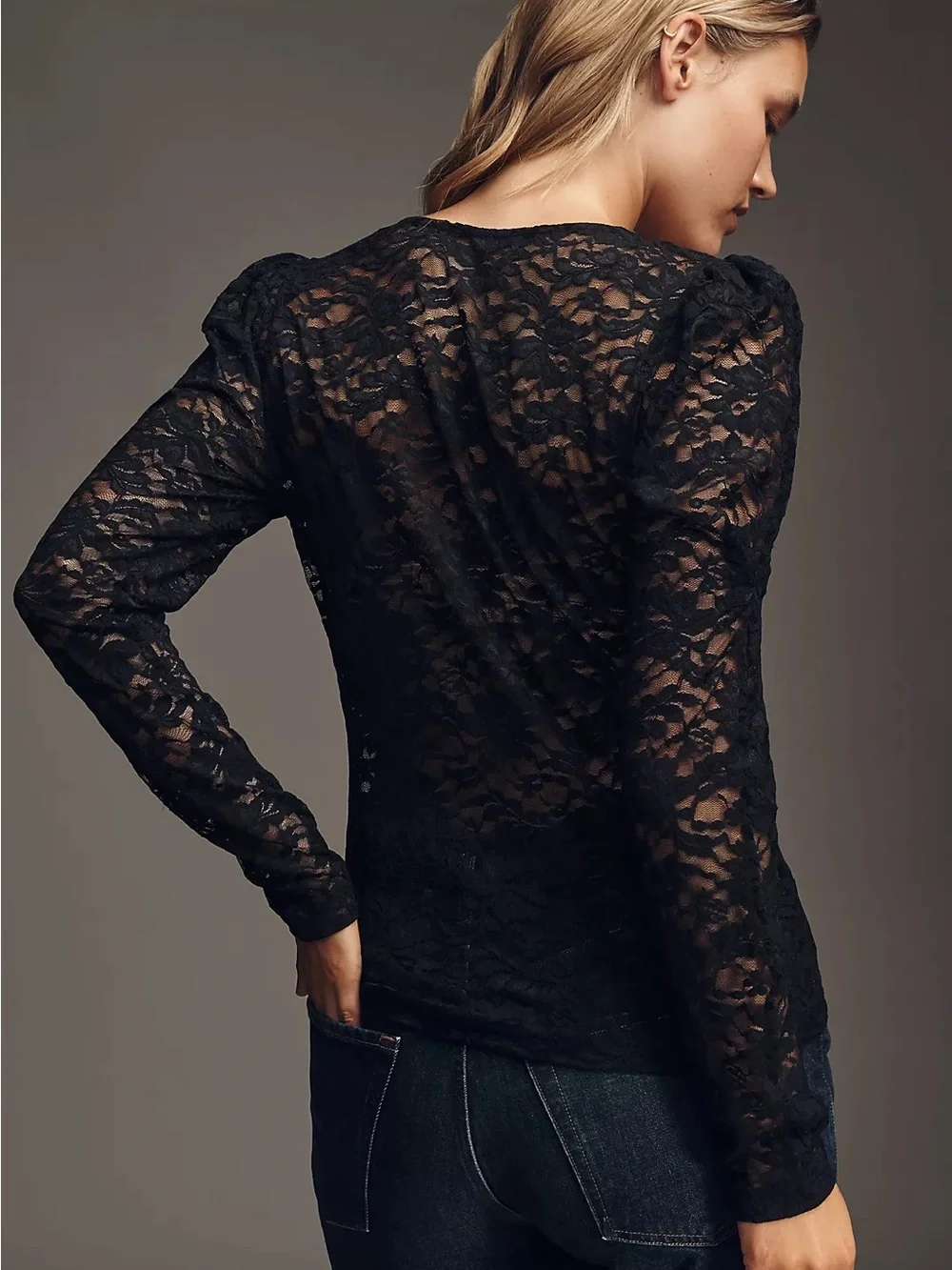 By Anthropologie Puff-Sleeve Sheer Lace Black Square-Neck Long Sleeve Top NEW